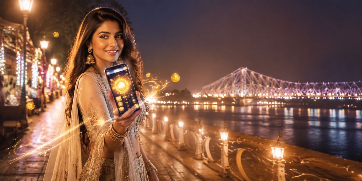 Mobile casino player enjoying VIP benefits in Kolkata with Howrah Bridge view